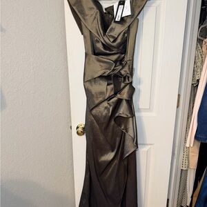 Xscape Bronze Metallic Satin Ruffle Evening Gown
